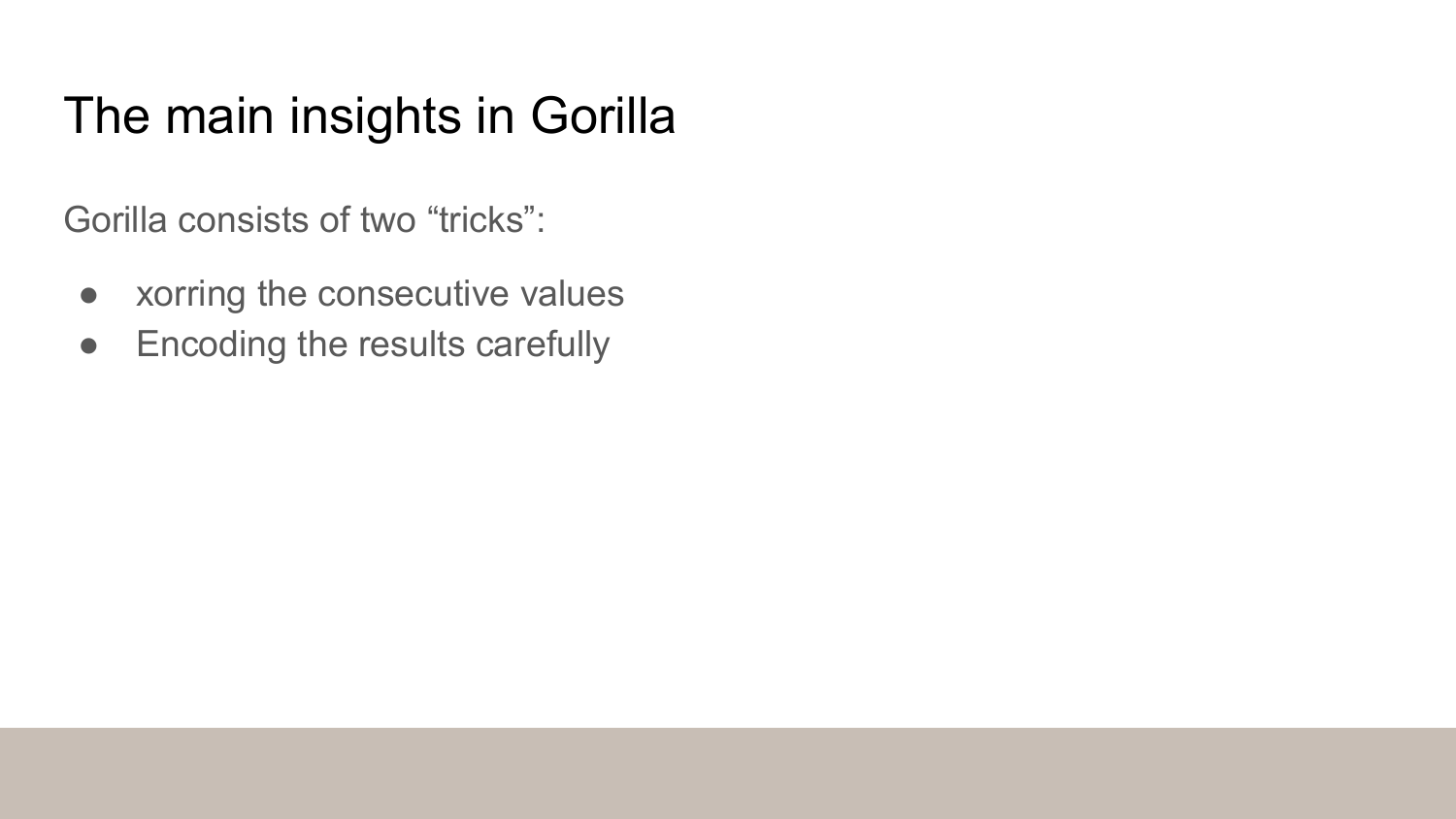 The main insights in Gorilla algorithm: Consists of two tricks - XORing consecutive values and encoding the results carefully