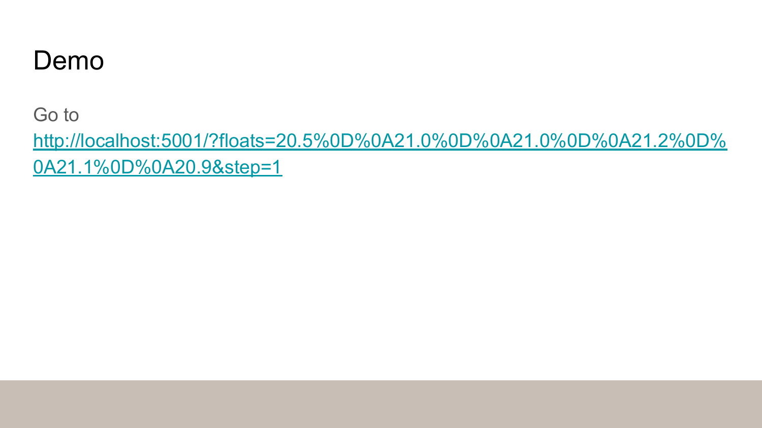 Demo slide with localhost URL for interactive Gorilla compression demonstration with sample float values